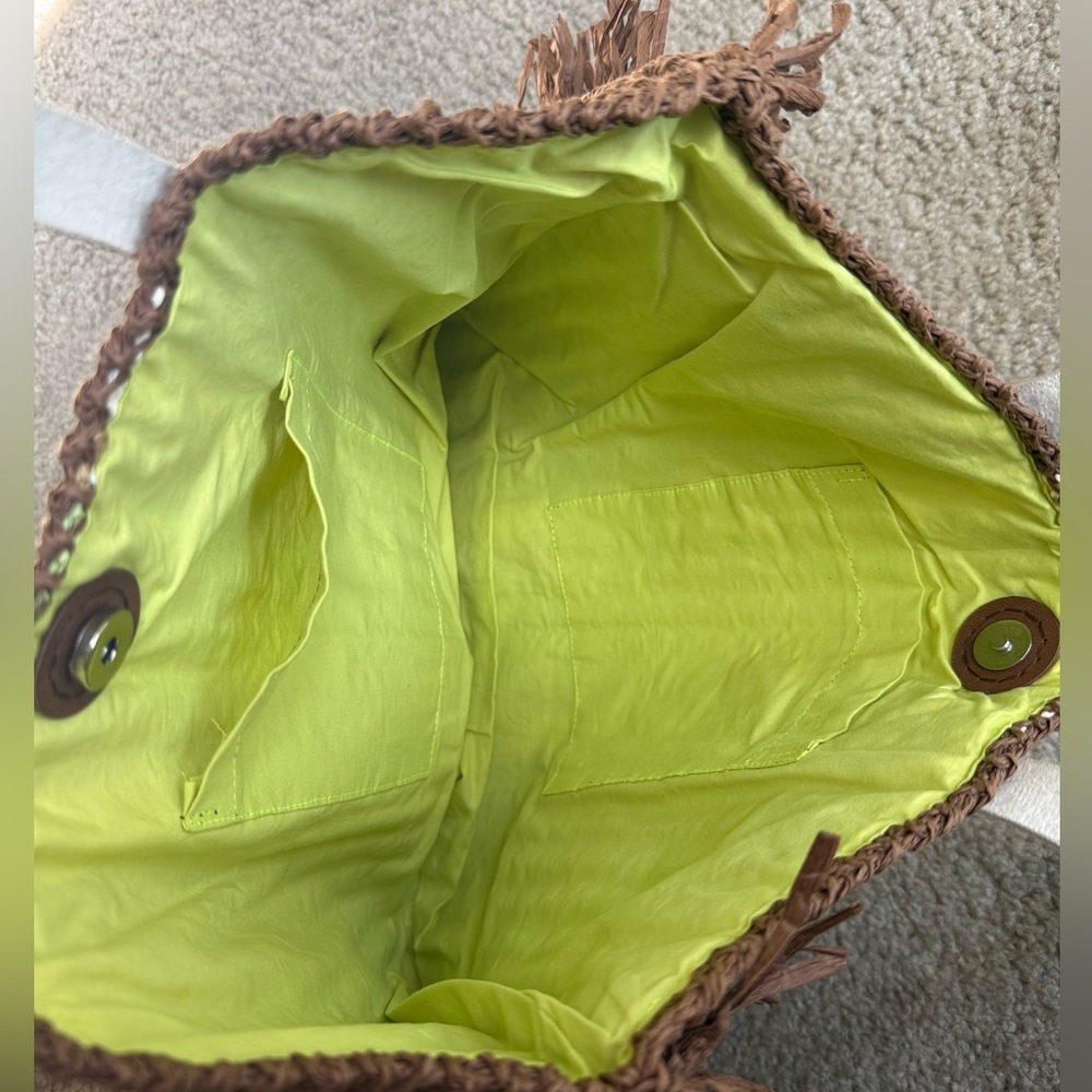 NWOT Nicole Miller Boho Brown and Green Tote Bag Oversized Straw Shoulder Bag - Picture 7 of 8